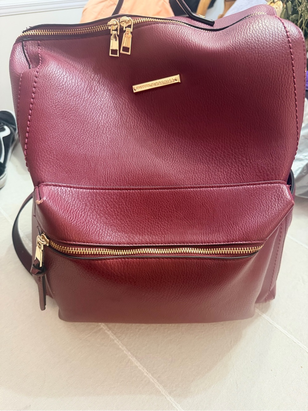 Women’s Burgundy Faux Leather Backpack with Gold Hardware